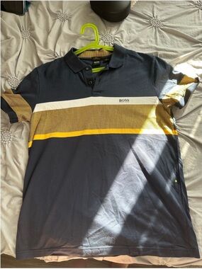 Boss Navy Polo with Yellow, White & Tan Stripes